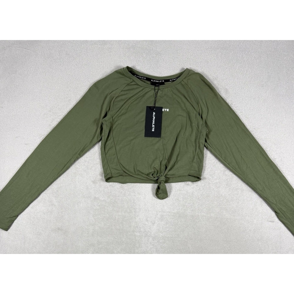 Alphalete Tie Front Crop Top Womens S Olive Green Long Sleeve Athletic - Picture 2 of 16
